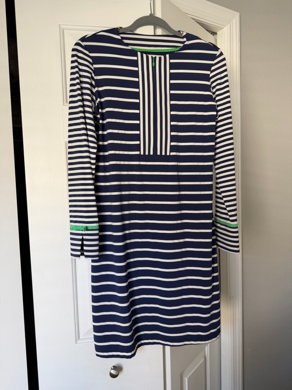 IBKUL UPF 50 Stripe Dress Blue White Zip Neck Golf Tennis Grosgrain Bow Cuffs - Picture 3 of 8